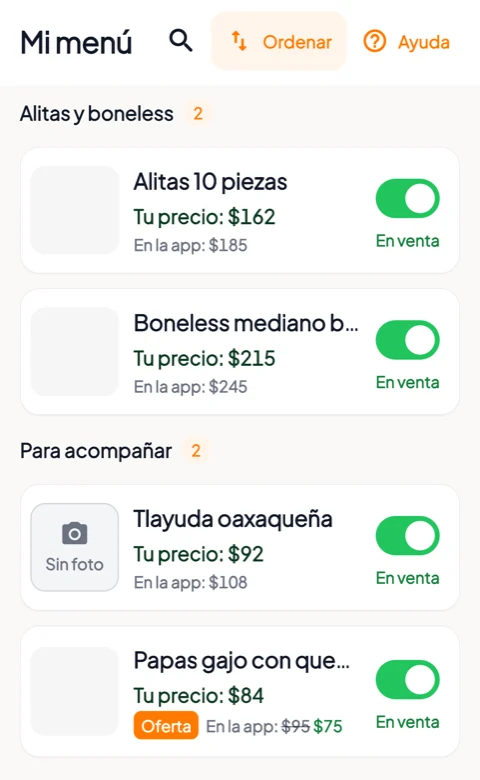 Pantalla del menú del restaurante mostrando tu precio y el precio en la app para cada platillo